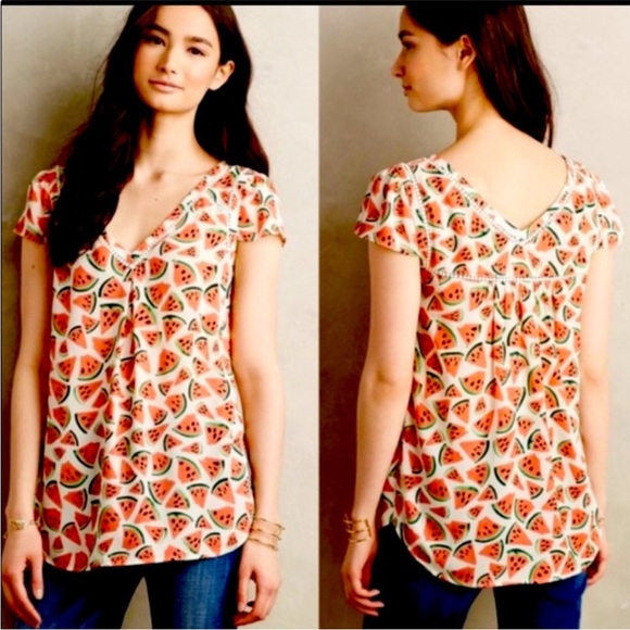 Anthropologie Tops - Anthropologie Maeve watermelon printed short sleeve top crochet trim cream